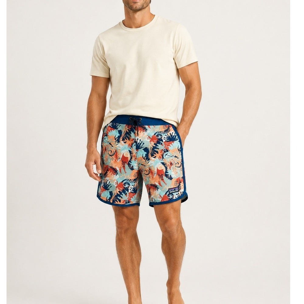 Patagonia Wavefarer Boardshorts Mens 29 Wild Waratah Celadon Scallop Hem Stretch